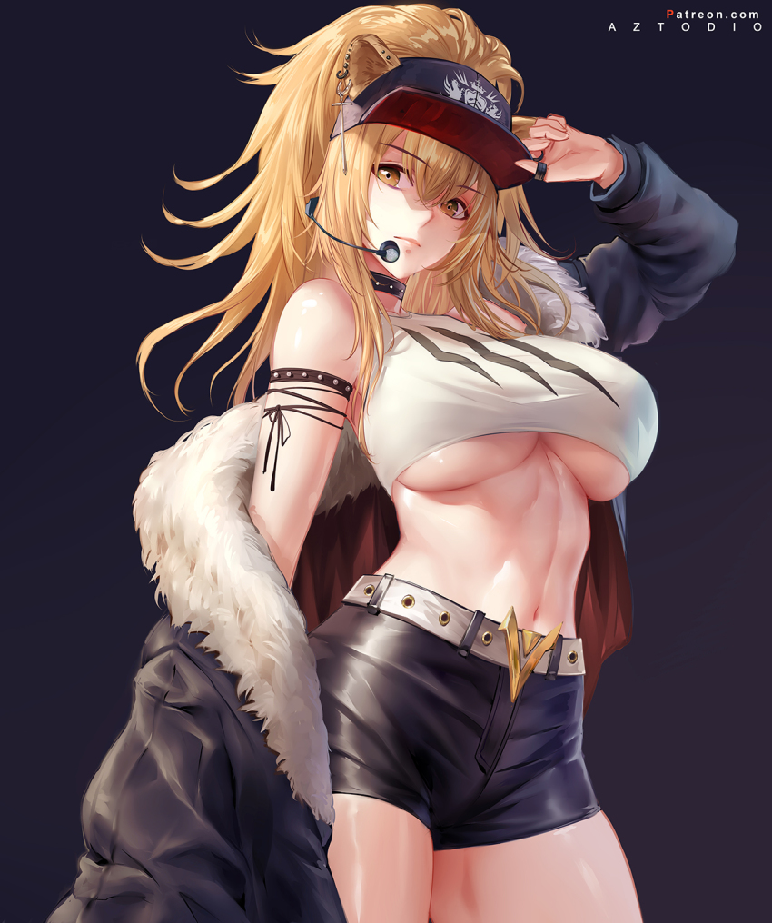 1girl, animal_ears, arknights, arm_up, artist_name, aztodio, bare_shoulders, baseball_cap, belt, black_background, black_choker, black_jacket, black_shorts, blonde_hair, breasts, brown_eyes, choker, commentary, cowboy_shot, ears_through_headwear, english_commentary, fur-trimmed_jacket, fur_trim, groin, hair_between_eyes, hat, headset, highres, jacket, kingdom_of_victora_logo, lion_ears, long_hair, long_sleeves, looking_at_viewer, navel, off_shoulder, open_clothes, open_jacket, shirt, short_shorts, shorts, siege_(arknights), simple_background, sleeveless, sleeveless_shirt, solo, standing, stomach, underboob, white_belt