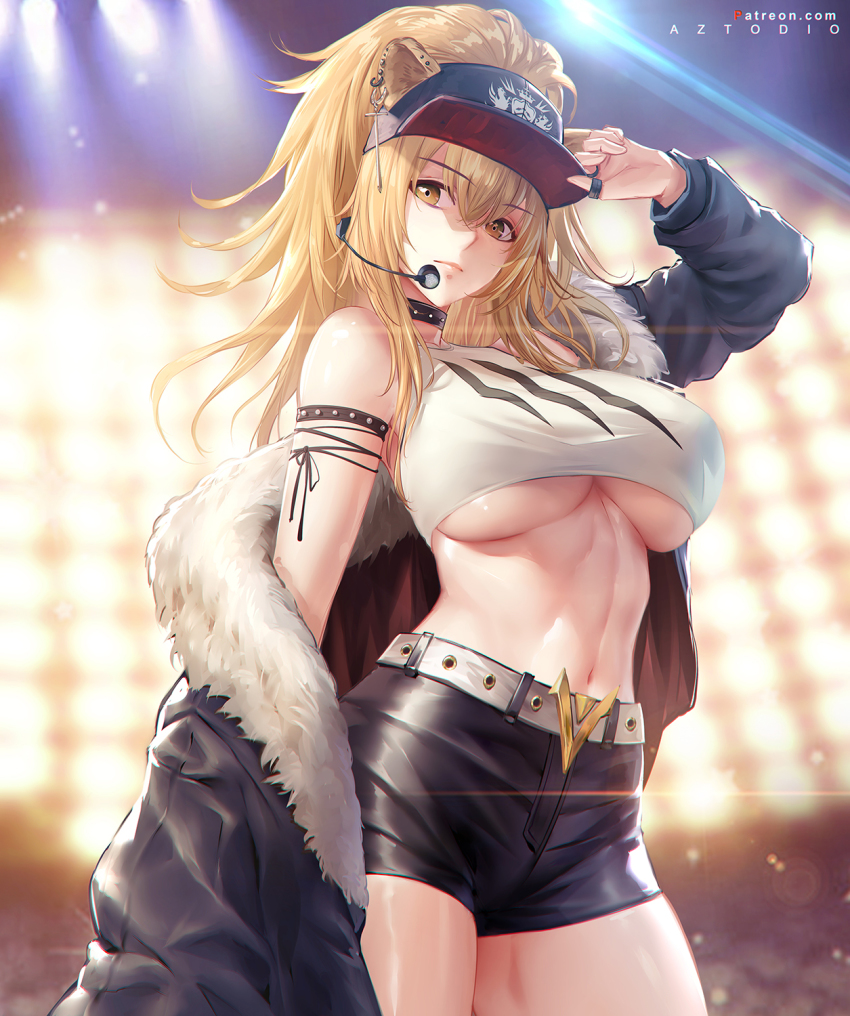 1girl, animal_ears, arknights, arm_up, aztodio, bare_shoulders, baseball_cap, belt, black_choker, black_jacket, black_shorts, blonde_hair, breasts, brown_eyes, choker, collarbone, commentary, cowboy_shot, ears_through_headwear, english_commentary, fur-trimmed_jacket, fur_trim, groin, hair_between_eyes, hat, headset, highres, jacket, kingdom_of_victora_logo, large_breasts, lion_ears, long_hair, long_sleeves, looking_at_viewer, navel, off_shoulder, open_clothes, open_jacket, shirt, short_shorts, shorts, siege_(arknights), sleeveless, sleeveless_shirt, solo, standing, stomach, underboob, white_belt