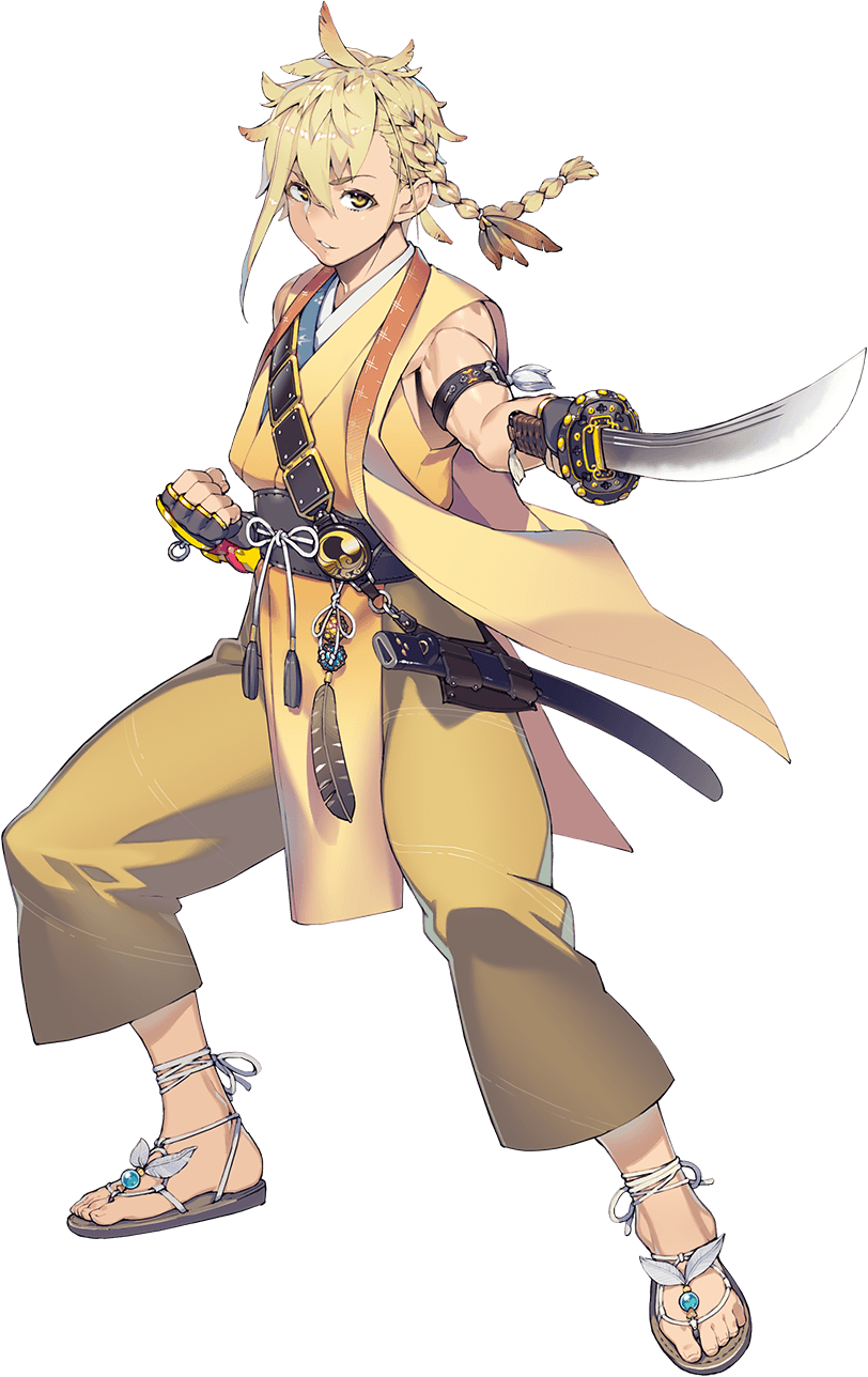 1boy, black_gloves, blonde_hair, braid, chiganemaru_(touken_ranbu), clenched_hand, feather_hair_ornament, feathers, fingerless_gloves, full_body, gloves, highres, japanese_clothes, male_focus, namaniku_atk, official_art, pants, sandals, sheath, side_braid, sword, tassel, touken_ranbu, transparent_background, wakizashi, weapon, yellow_eyes