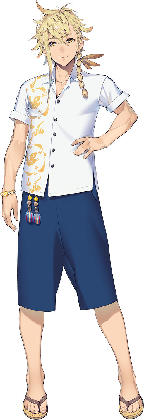 1boy, blonde_hair, bracelet, braid, chiganemaru_(touken_ranbu), feather_hair_ornament, feathers, full_body