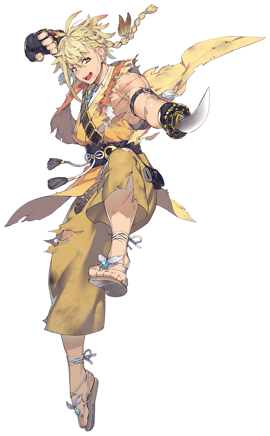 1boy, black_gloves, blonde_hair, blood, braid, chiganemaru_(touken_ranbu), feather_hair_ornament, feathers, fingerless_gloves, gloves, highres, injury, japanese_clothes, male_focus, namaniku_atk, official_art, open_mouth, pants, sandals, side_braid, smile, tassel, torn_clothes, torn_pants, touken_ranbu, transparent_background, yellow_eyes