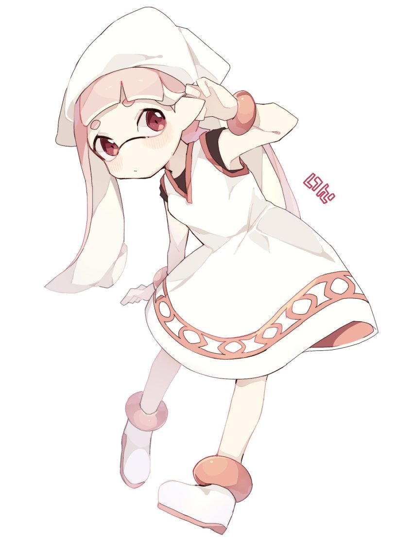 1girl, black_shirt, blunt_bangs, bracelet, closed_mouth, commentary, cosplay, dress, full_body, hand_on_own_ear, hat, highres, ika_esu, ikamusume, ikamusume_(cosplay), inkling, inkling_girl, inkling_player_character, jewelry, leaning_to_the_side, long_hair, looking_at_viewer, medium_dress, nintendo, pink_eyes, pink_hair, pointy_ears, print_dress, shinryaku!_ikamusume, shirt, shoes, simple_background, sleeveless, sleeveless_dress, solo, splatoon_(series), splatoon_1, squid_hat, standing, tentacle_hair, white_background, white_dress, white_hat, white_shoes