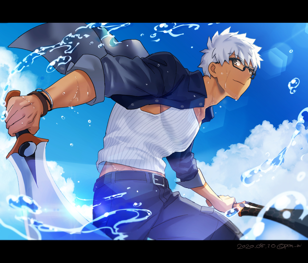 1boy, alternate_costume, archer_(fate), archer_(summer_casual)_(fate), belt, brown_eyes, cloud, cloudy_sky