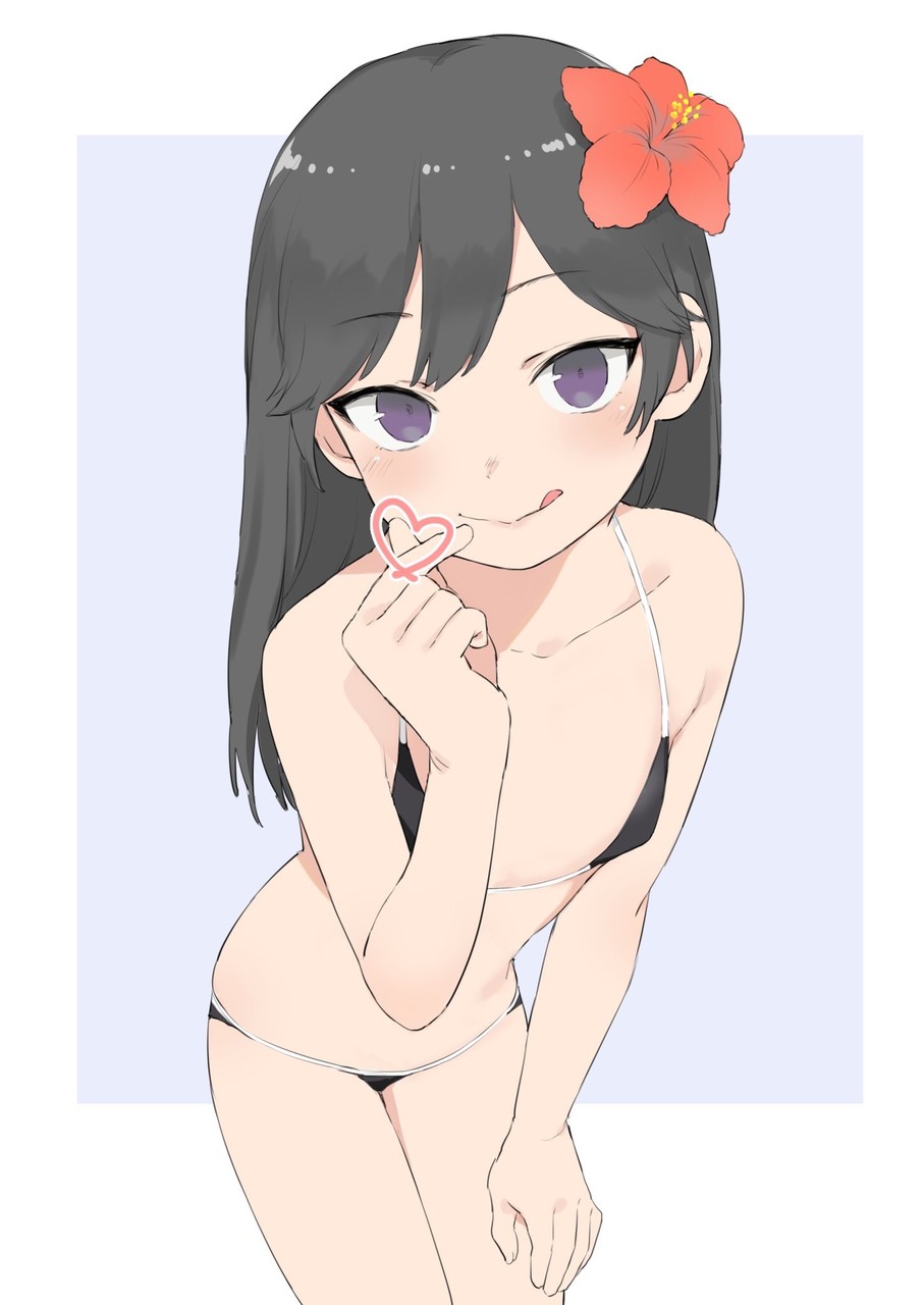 1girl, :q, bikini, black_bikini, black_hair, blue_background, blush, border, cowboy_shot, flat_chest, flower, hair_flower, hair_ornament, hand_up, highres, leaning_forward, little_mare, loli, long_hair, looking_at_viewer, original, purple_eyes, red_flower, smile, solo, standing, swimsuit, tongue, tongue_out, white_border
