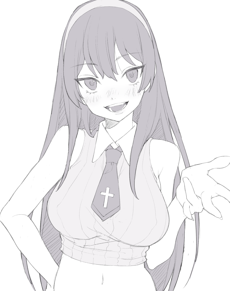 1girl, :d, breasts, character_request, copyright_request, cropped_sweater, greyscale, hairband