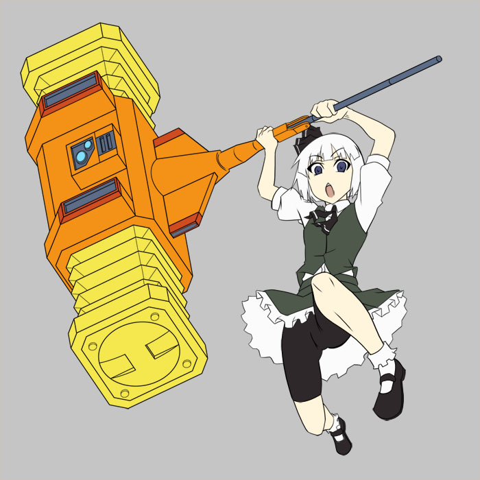 1girl, bike_shorts, female_focus, gaogaigar, goldion_hammer, grey_background, hammer, kondou_mu