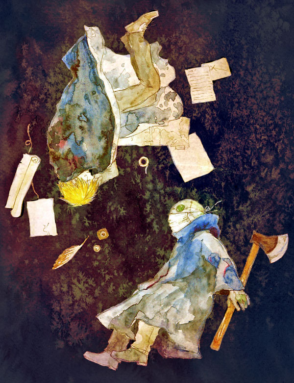 2boys, axe, blonde_hair, boots, cloak, coat, dual_persona, closed_eyes