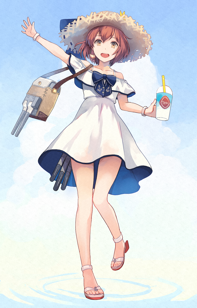 1girl, adapted_turret, bag, blue_sky, brown_eyes, brown_hair, cannon, cloud
