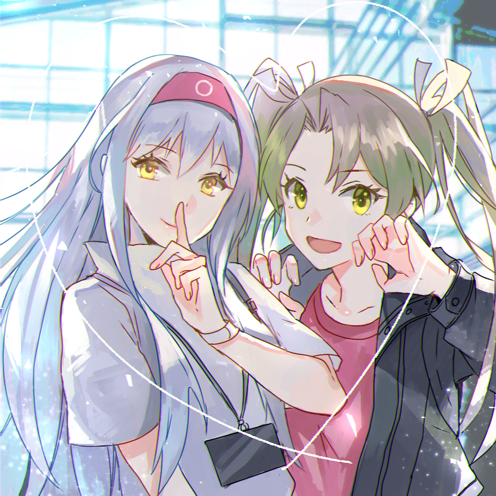2girls, :d, black_jacket, closed_mouth, finger_to_mouth, green_hair, index_finger_raised, jacket