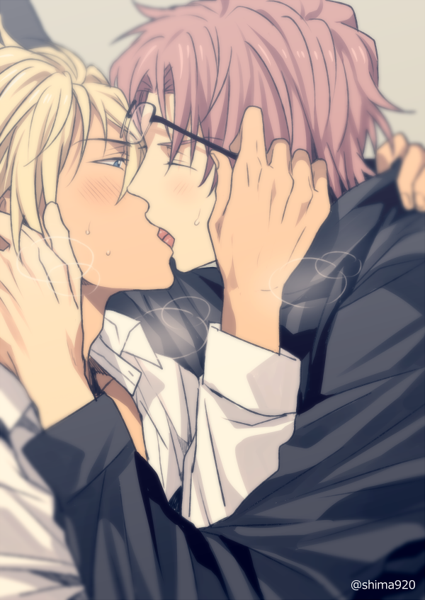 2boys, amuro_tooru, arm_around_shoulder, black_shirt, blonde_hair, blue_eyes, blurry, blush, commentary_request, dark_skin, dark-skinned_male, depth_of_field, closed_eyes, french_kiss, from_side, glasses, grey_background, hand_in_own_hair, kiss, looking_at_another, male_focus, mashima_shima, meitantei_conan, multiple_boys, okiya_subaru, removing_eyewear, shirt, sweat, tongue, twitter_username, upper_body, white_shirt, yaoi