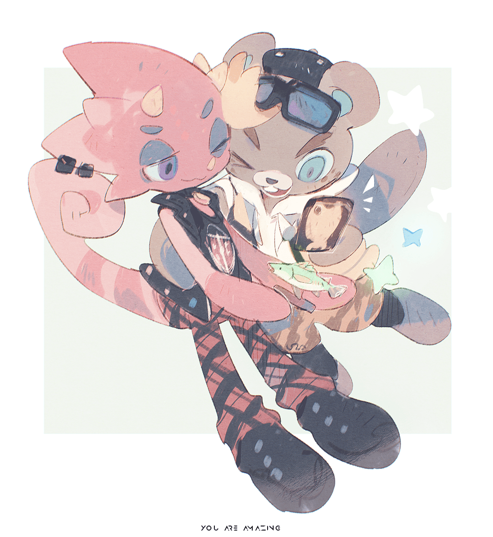 2boys, :3, animal_crossing, animal_ears, aqua_eyes, arm_around_another's_back, beaver_tail, black-framed_eyewear