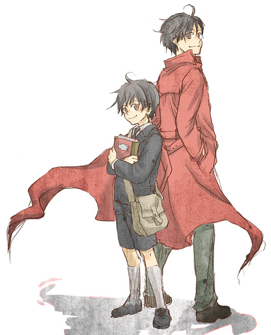 2boys, back-to-back, black_hair, book, coat, darren_shan, formal_clothes, kobutya4696