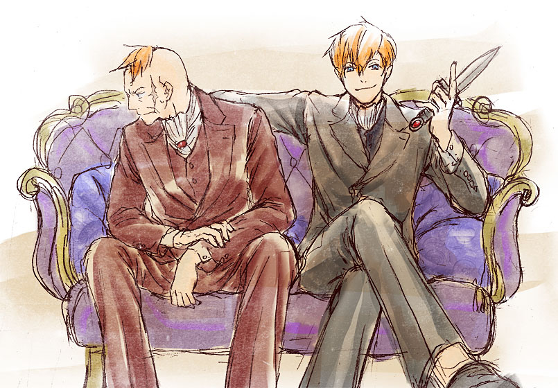 2boys, blue_eyes, couch, dual_persona, formal_clothes, holding, holding_weapon, knife