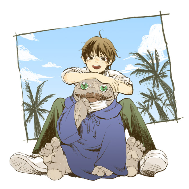 2boys, arm_support, black_hair, cloak, darren_shan, green_eyes, harkat_mulds, hood, hooded_cloak, kobutya4696, multiple_boys, palm_tree, red_eyes, short_hair, sitting, smile, stitched_face, stitches, the_saga_of_darren_shan, tree