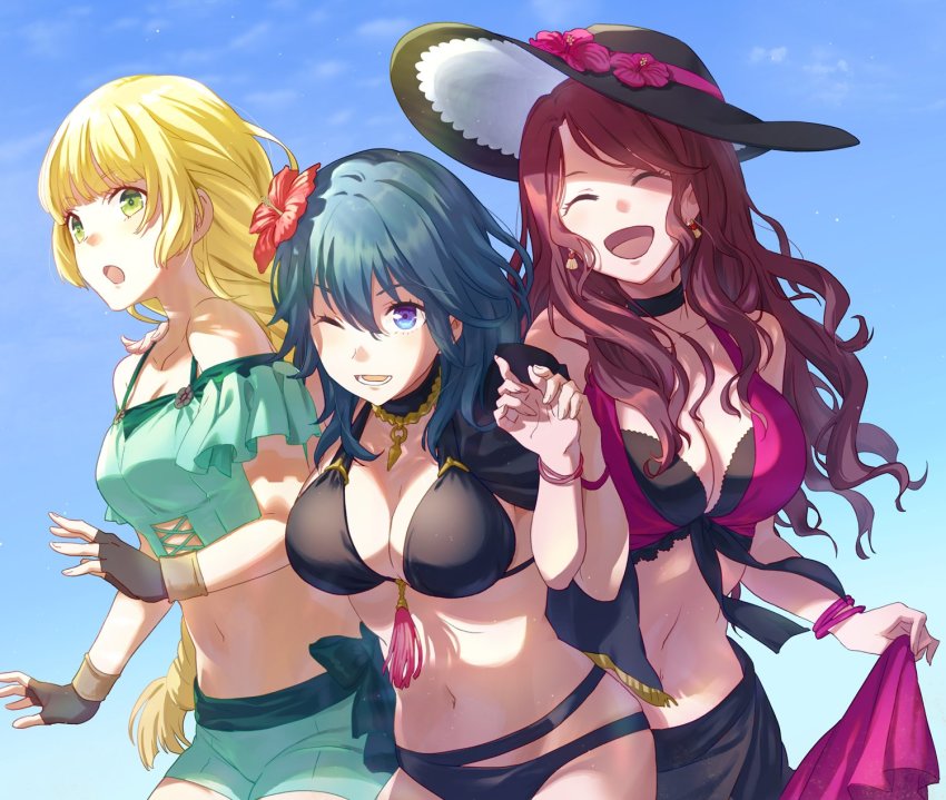 3girls, asao_(vc), bikini, black_bikini, blonde_hair, blue_eyes, blue_hair, breasts