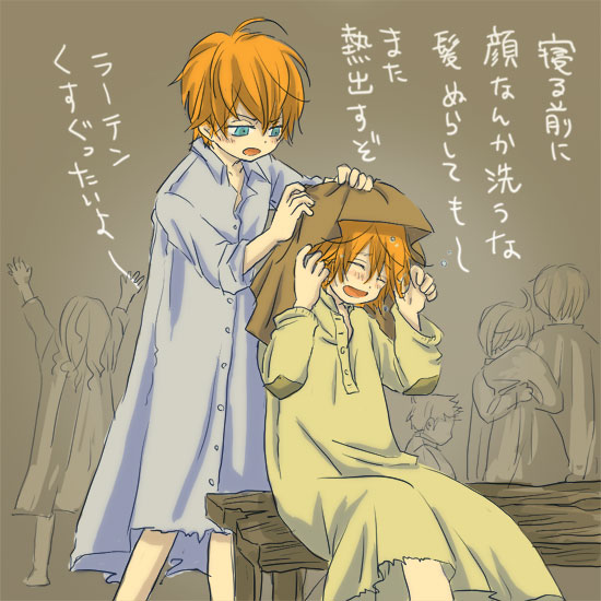 2boys, blue_eyes, child, cousins, closed_eyes, kobutya4696, larten_crepsley, multiple_boys, open_mouth, pajamas, partially_translated, red_hair, short_hair, sitting, smile, the_saga_of_darren_shan, the_saga_of_larten_crepsley, towel, translation_request, vur_horston, aged_down