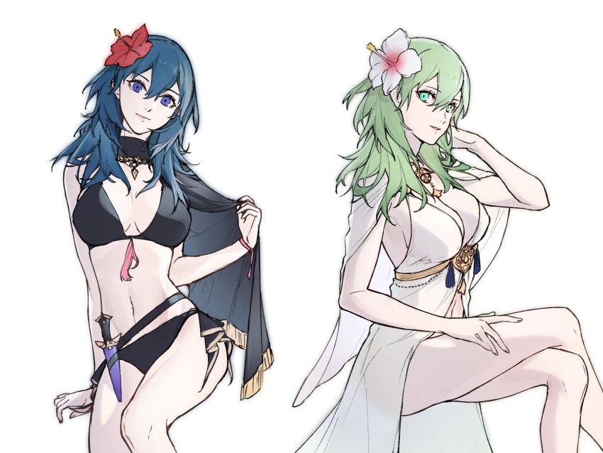 1girl, bikini, black_bikini, black_vs_white, blue_eyes, blue_hair, breasts, female_byleth_(awakened)_(fire_emblem)
