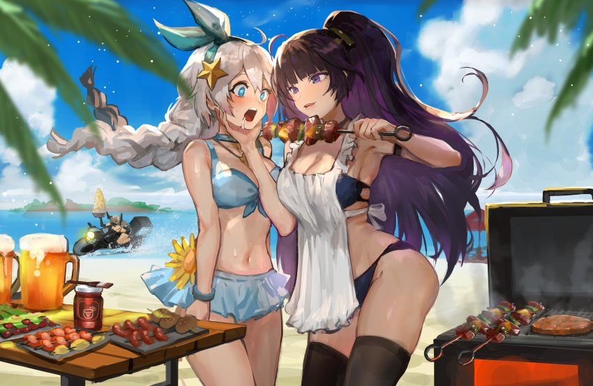 3girls, absurdres, alcohol, armpits, art_relay, artist_collaboration, bare_shoulders, beach, beer, bikini, black_hair, blue_eyes, blunt_bangs, breasts, bronya_zaychik, canking, cleavage, cowboy_shot, day, drooling, food, full_body, hairband, highres, honkai_(series), honkai_impact_3rd, jewelry, kiana_kaslana, kiana_kaslana_(sunny_beach), large_breasts, long_hair, medium_breasts, midriff, motor_vehicle, motorcycle, multiple_girls, navel, necklace, open_mouth, outdoors, ponytail, purple_eyes, purple_hair, raiden_mei, sand, skirt, sky, sleeveless, standing, stomach, swimsuit, teeth, thighhighs, tongue, water, white_hair