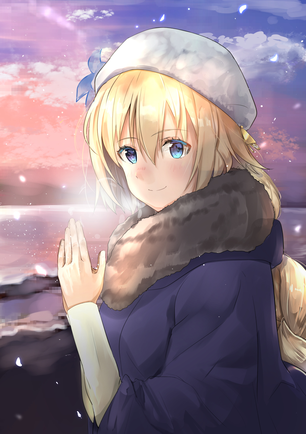 1girl, blonde_hair, blue_coat, blue_eyes, closed_mouth, coat, fate/apocrypha, fate_(series)