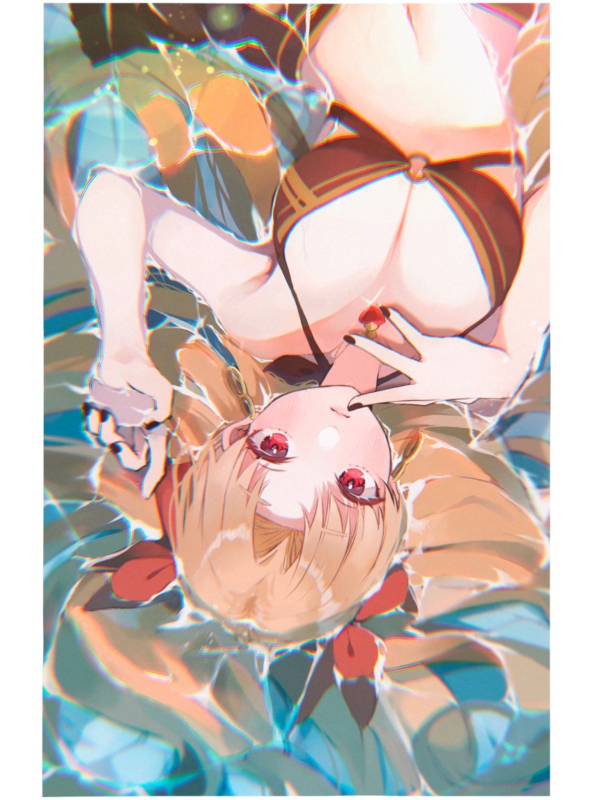 1girl, absurdres, bare_shoulders, bikini, blonde_hair, blush, breasts, brown_bikini