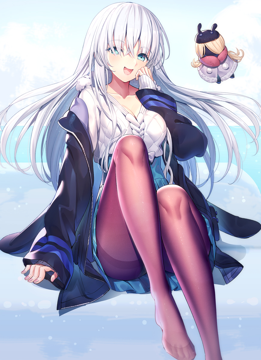 1girl, :d, anastasia_(fate), arm_support, black_pantyhose, blue_dress, blue_eyes, blush