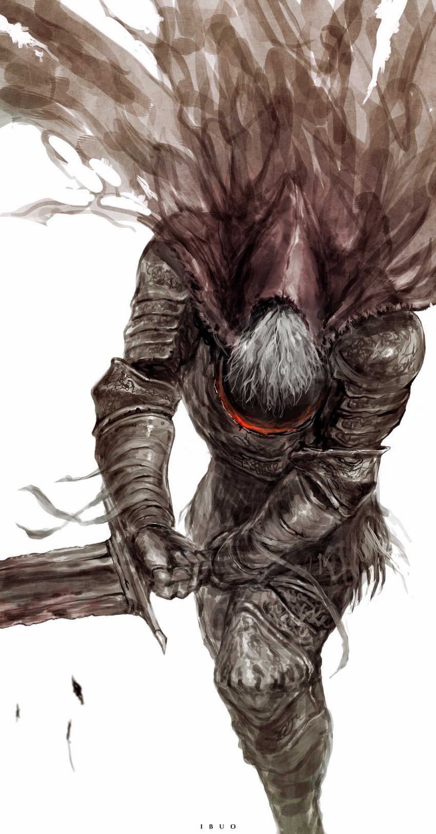 1boy, armor, artist_name, attack, beard, breastplate, cape, dark_souls_(series)