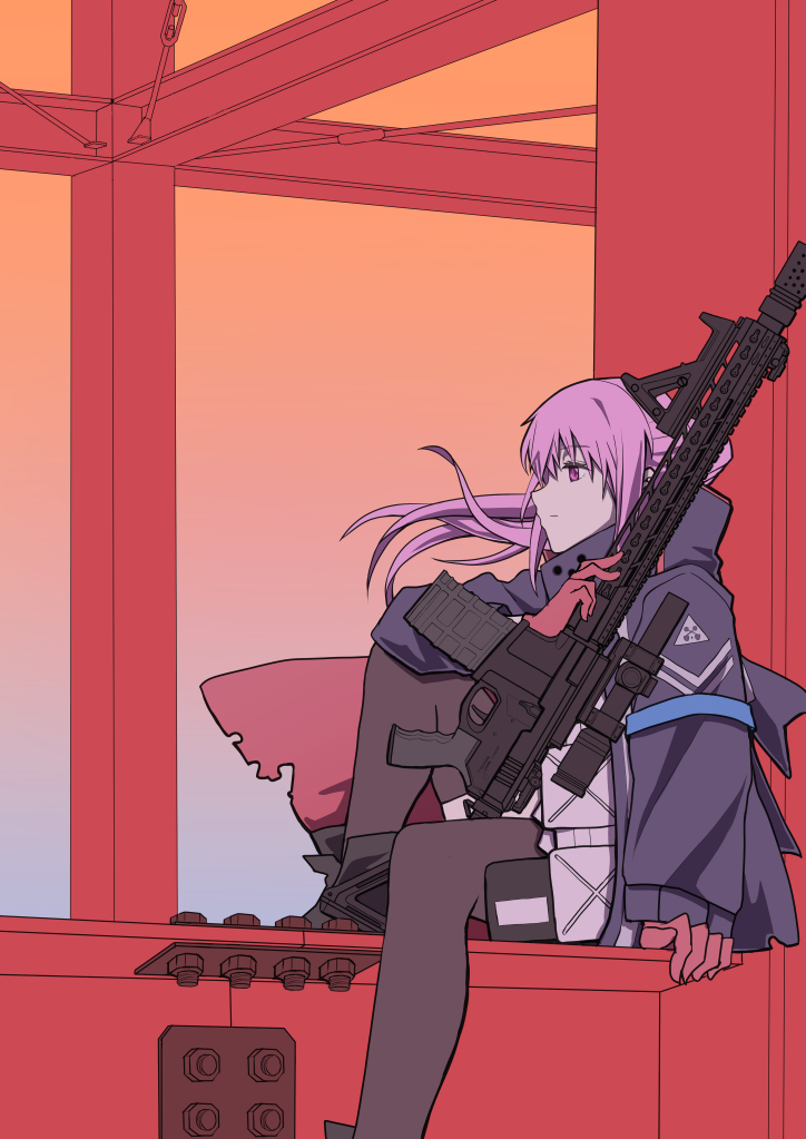 1girl, akaimame, ar-15, arm_support, commentary_request, construction_site, evening, from_side, girls'_frontline, gloves, gun, jacket, long_hair, mod3_(girls'_frontline), orange_sky, pink_hair, profile, red_eyes, rifle, scope, sidelocks, sky, solo, st_ar-15_(girls'_frontline), st_ar-15_(mod3)_(girls'_frontline), thighhighs, weapon