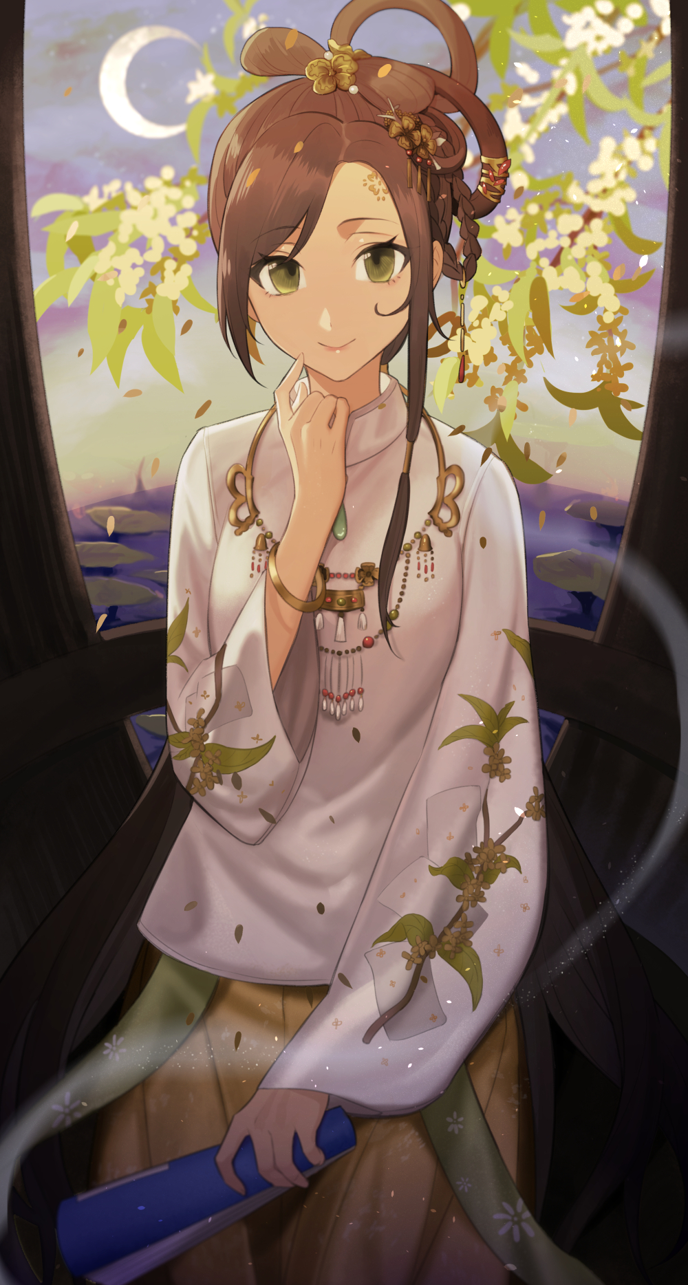 1girl, bracelet, brown_hair, chinese_clothes, flower, food_fantasy, green_eyes, hair_flower, hair_ornament, hanfu, highres, jewelry, long_hair, low_ponytail, osmanthus, osmanthus_cake_(food_fantasy), ponytail, smile, solo, yijiao