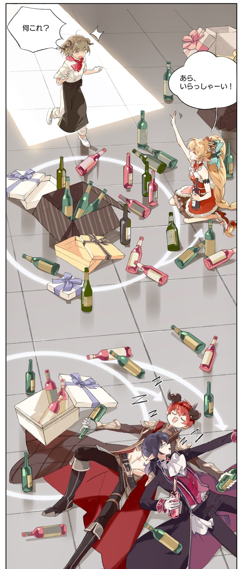 2boys, 2girls, absurdres, alcohol, blonde_hair, bottle, box, chef, choker, clothing_cutout, dress, food_fantasy, formal_clothes, gift, gift_box, gingerbread_(food_fantasy), highres, horns, jacket, long_hair, lying, master_attendant_(food_fantasy), multiple_boys, multiple_girls, navel_cutout, official_art, pointy_ears, ponytail, purple_hair, red_hair, red_wine_(food_fantasy), short_hair, short_ponytail, shoulder_pads, sitting, sleeping, steak_(food_fantasy), suit, symbol-shaped_pupils, translated, wine, wine_bottle