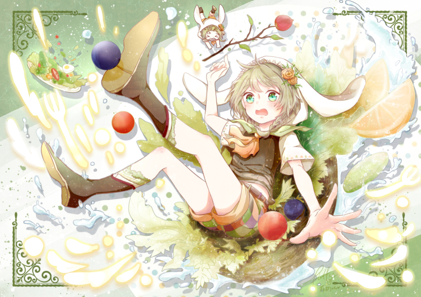 1boy, animal_hood, basket, boots, bowl, braid, food_fantasy, green_eyes