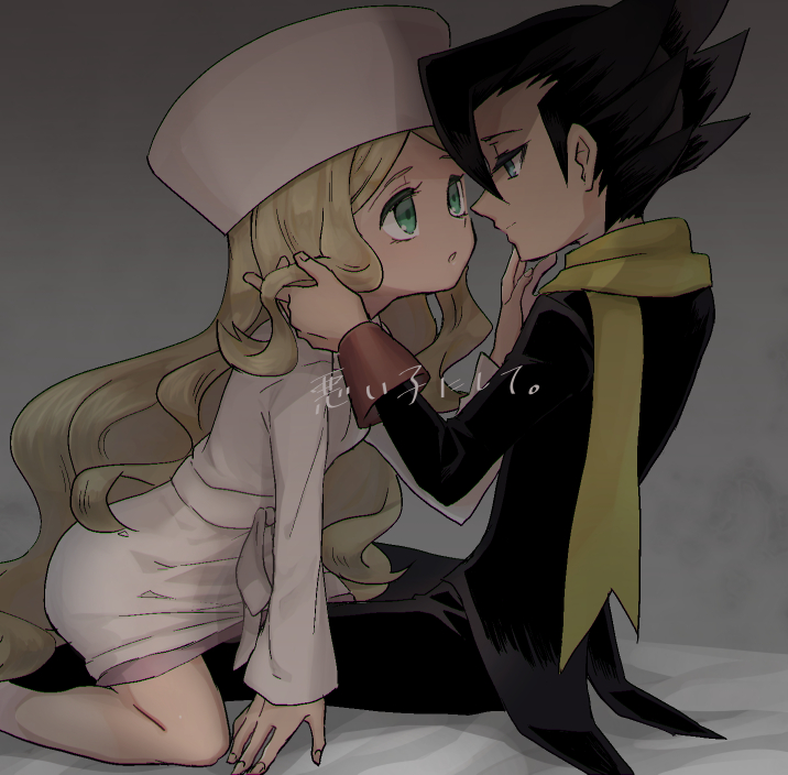 1boy, 1girl, :o, black_hair, blonde_hair, caitlin_(pokemon), commentary_request, dress