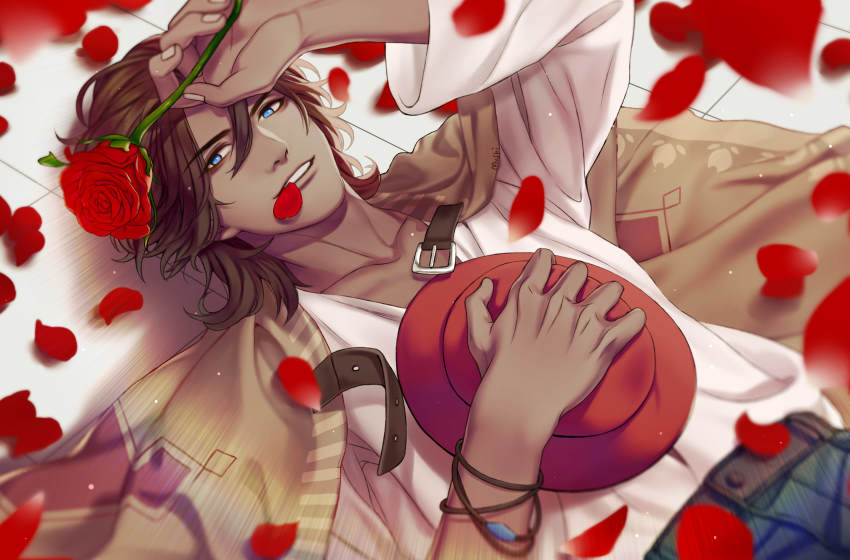 1boy, absurdres, blue_eyes, chocolate_(food_fantasy), dark_skin, dark-skinned_male, flower, food_fantasy