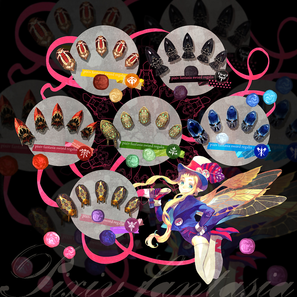 1girl, blonde_hair, copyright_name, fairy, fairy_wings, gloves, green_eyes, hand_on_own_hip