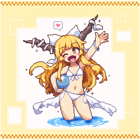 1girl, ;d, arm_up, ball, beachball, bikini, blonde_hair, blush_stickers