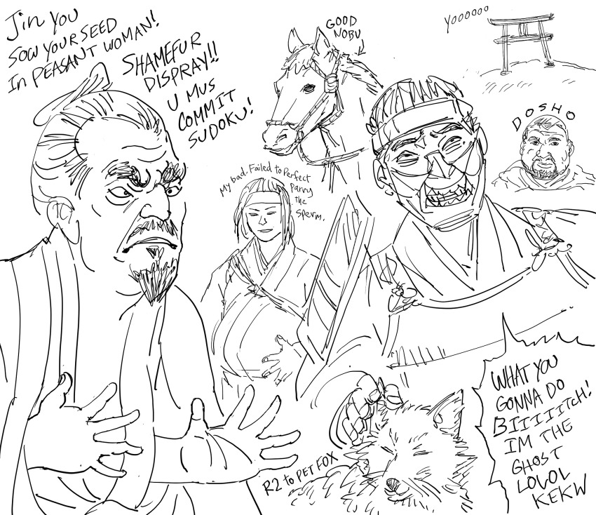 1girl, 3boys, armor, bb_(baalbuddy), english_text, fine_art_parody, fox, ghost_of_tsushima, greyscale, headpat, highres, horse, japanese_armor, jin_(ghost_of_tsushima), laughing, mask, monochrome, multiple_boys, parody, people, pregnant, speech_bubble, torii