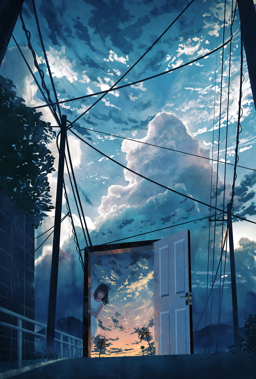 1girl, black_hair, cable, cloud, cloudy_sky, commentary, contrail, cumulonimbus_cloud, door, doorway, dress, english_commentary, fence, halo, highres, kojomi_(7j543), long_hair, looking_at_viewer, mountain, open_door, original, outdoors, palm_tree, road, sky, solo, sundress, surreal, tree, utility_pole, wall, white_dress