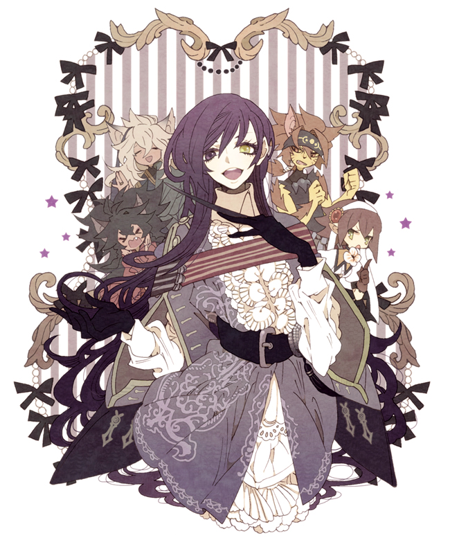 2girls, 3boys, androgynous, animal_ears, aster_(pixiv_fantasia_5), black_hair, borrowed_character, brown_hair, eyelashes, closed_eyes, fang, fantasy, frilled_shirt, frills, frown, gloves, hairband, hand_on_own_chest, heterochromia, light_brown_hair, long_hair, messy_hair, multiple_boys, multiple_girls, pixiv_fantasia, pixiv_fantasia_5, purple_eyes, purple_hair, rurufilia_(pixiv_fantasia), shirt, short_hair, smile, tsumi_guilty, yellow_eyes, yue_liang_(pixiv_fantasia)