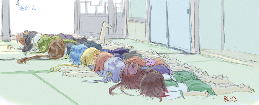 6+girls, ahoge, black_hair, blonde_hair, blue_hair, brown_hair, commentary_request, faceplant