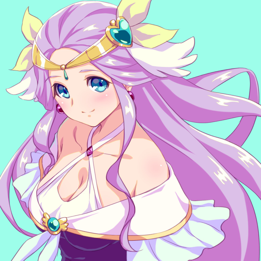 1girl, aqua_background, blue_eyes, breasts, cleavage, closed_mouth, collarbone, commentary_request