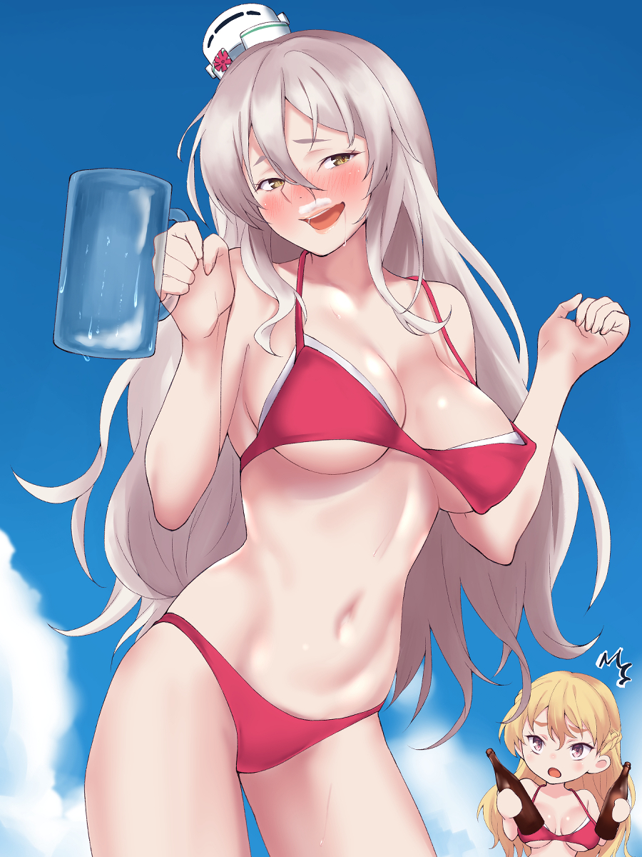 2girls, ?, ^^^, bare_arms, bare_shoulders, beer_bottle, beer_mug, bikini, blonde_hair, blue_sky, blush, braid, breasts, brown_eyes, collarbone, contrapposto, cowboy_shot, cup, day, drooling, drunk, fake_facial_hair, fake_mustache, hair_between_eyes, hat, head_tilt, highres, holding, holding_cup, kantai_collection, large_breasts, long_hair, mini_hat, mug, multiple_girls, narrow_waist, navel, outdoors, pola_(kancolle), pola_(swimsuit)_(kancolle), purple_eyes, red_bikini, saliva, shingyou_(alexander-13), silver_hair, sky, solo_focus, stomach, swimsuit, thighs, underboob, very_long_hair, white_headwear, zara_(kancolle)