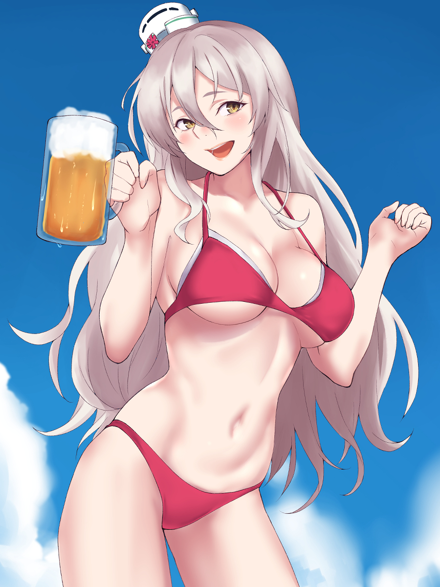 1girl, alcohol, bare_arms, bare_shoulders, beer, beer_mug, bikini, blue_sky, blush, breasts, brown_eyes, collarbone, contrapposto, cowboy_shot, cup, day, hair_between_eyes, hat, head_tilt, highres, holding, holding_cup, kantai_collection, large_breasts, long_hair, looking_at_viewer, mini_hat, mug, narrow_waist, navel, outdoors, pola_(kancolle), pola_(swimsuit)_(kancolle), red_bikini, shingyou_(alexander-13), silver_hair, sky, solo, stomach, swimsuit, thighs, underboob, very_long_hair, white_hat