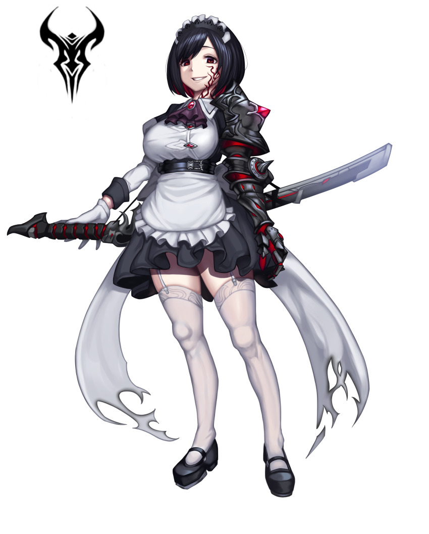 1girl, absurdres, apron, ascot, asymmetrical_clothes, belt, black_hair, bow, breasts, corruption, dark_persona, dress, emblem, full_body, garter_straps, gauntlets, gloves, grin, highres, kjhyeon96, large_breasts, looking_at_viewer, maid, maid_apron, maid_headdress, mary_janes, multicolored_hair, original, red_hair, sheath, sheathed, shoes, short_hair, single_gauntlet, single_glove, skindentation, smile, solo, sword, thighhighs, torn_clothes, two-tone_hair, waist_bow, weapon, white_background, white_gloves