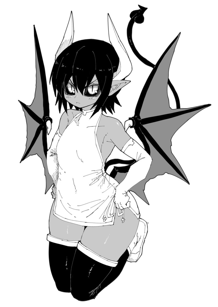 1girl, annoyed, black_hair, black_sclera, black_tail, black_thighhighs, black_wings, colored_sclera