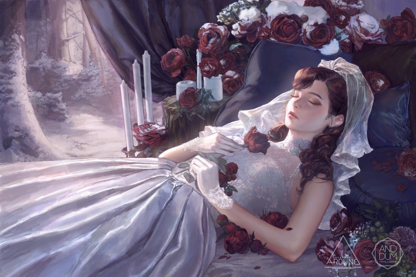 1girl, and_dumb516, bare_arms, bare_shoulders, bare_tree, breasts, brown_hair, candle, candlestand, closed_eyes, closed_mouth, commentary, corpse, curly_hair, death, dress, english_commentary, floral_print, flower, frilled_pillow, frills, gloves, hands_on_own_chest, highres, lace, lace-trimmed_dress, lace-trimmed_gloves, lace_trim, leaf, lips, long_hair, lying, nose, on_back, original, outdoors, pillow, pleated_dress, realistic, red_flower, red_rose, rose, signature, sleeveless, sleeveless_dress, small_breasts, snow, solo, tree, veil, white_dress, white_gloves, white_veil, winter