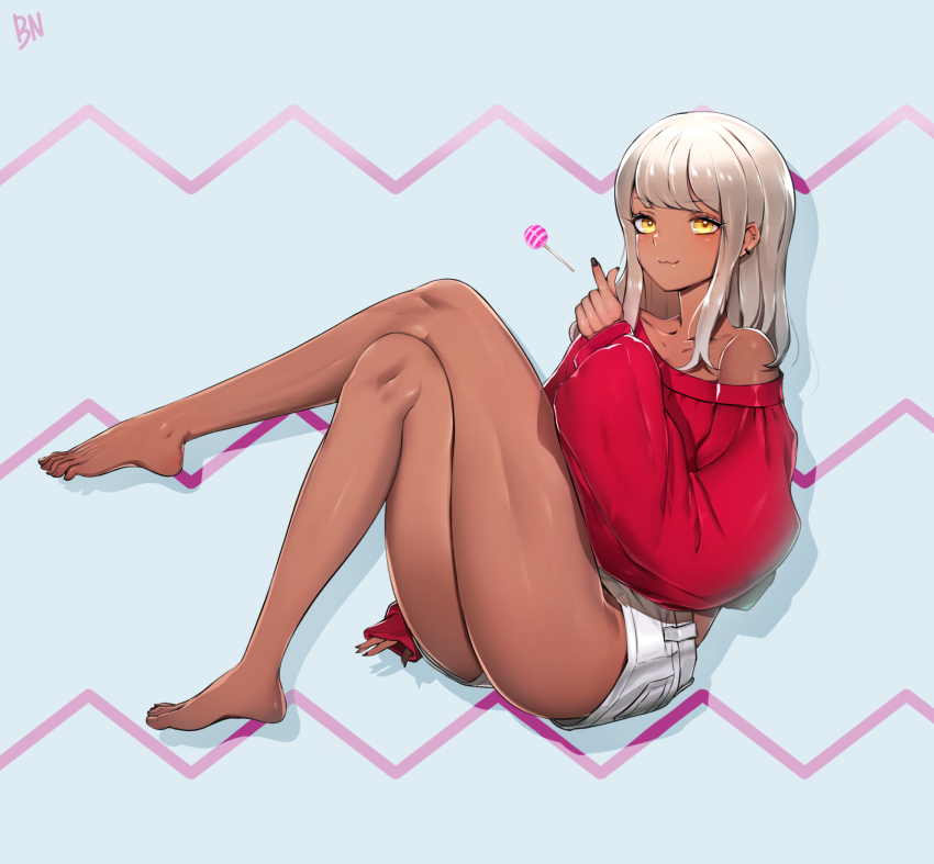 1girl, :3, player_character_(mabinogi), bare_legs, barefoot, bbuni, black_nails, blush, candy, collarbone, commission, crossed_legs, dark-skinned_female, dark_skin, ear_piercing, feet, finger_heart, food, highres, lollipop, long_hair, looking_at_viewer, mabinogi, nail_polish, off-shoulder_sweater, off_shoulder, piercing, red_sweater, short_shorts, shorts, signature, silver_hair, sitting, solo, sweater, thighs, white_shorts, yellow_eyes