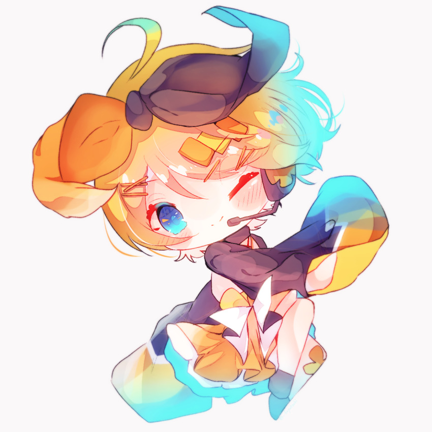 1girl, black_bow, black_sleeves, blonde_hair, bloom, blue_eyes, bow, chibi