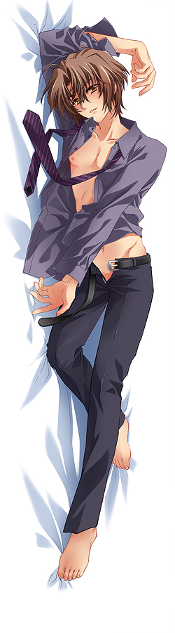 1boy, barefoot, belt, brown_hair, carnelian, dakimakura_(medium), feet, full_body