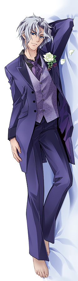 1boy, barefoot, blue_eyes, carnelian, dakimakura_(medium), flower, formal_clothes, full_body