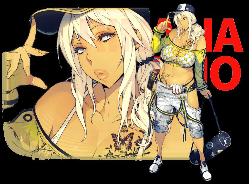 1girl, amekaji_gyaru, bag, baseball_cap, belly, belt, black_panties, blue_eyes