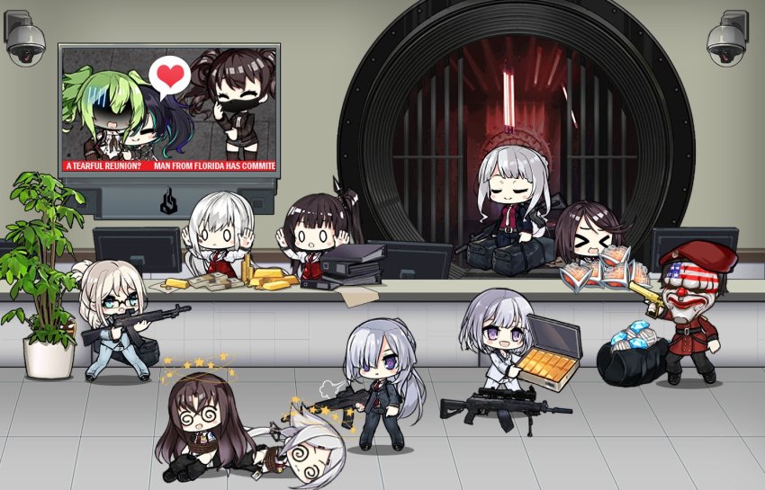 >_<, 1boy, 6+girls, @_@, ak-12, ak-12_(girls'_frontline), ak-12_(lucia)_(girls'_frontline), ak-15